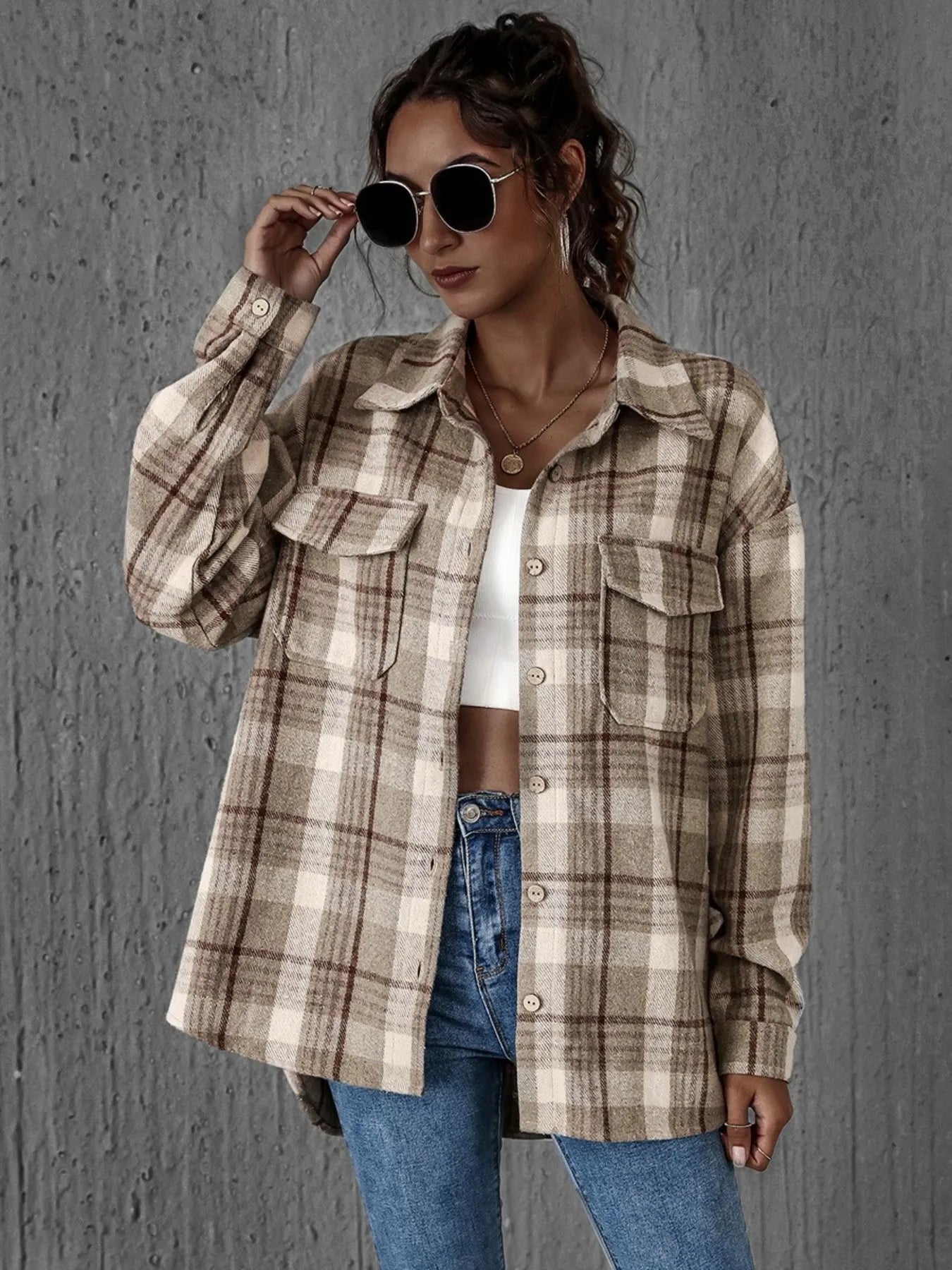 Women's Plaid Shirt Button-Up Long Sleeve Oversized Pocketed Top 8857435d-743d-4565-ad65-669280f4153e-Max-Origin Trendsi