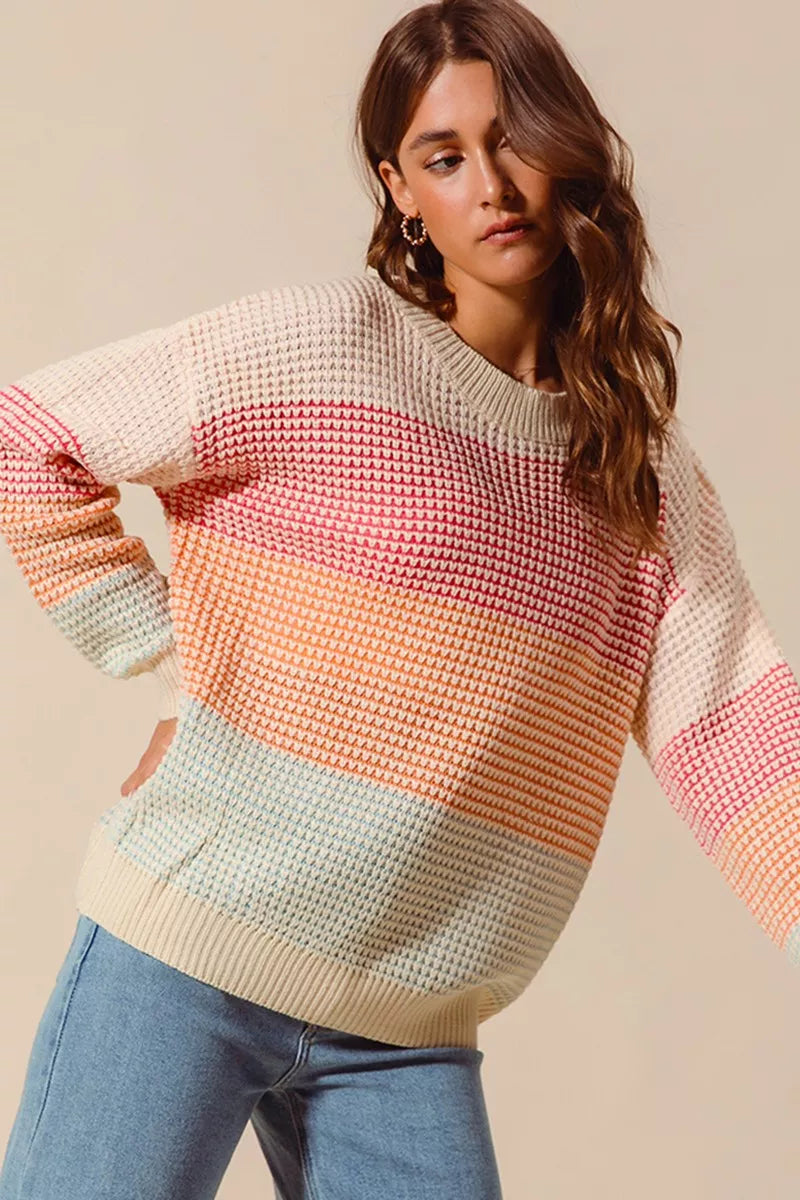 SO ME Womens Sweater Multi Color Block Stripe Long Sleeve Pullover 88591fd5446745adb9147668bdfd95bb-Max-Origin Trendsi