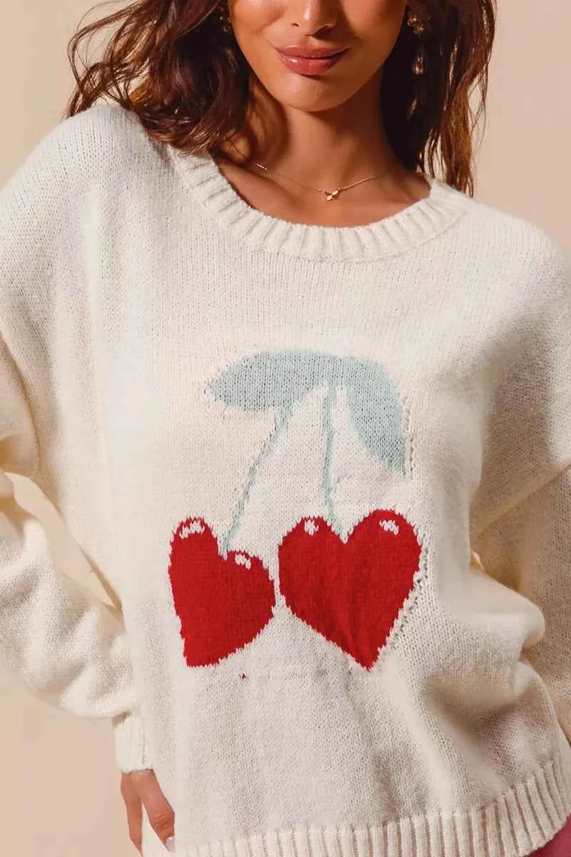 SO ME Valentine Sweater Heart Cherry Ivory Knitted Long Sleeve Top 8869c05455a44f8993d4910aedfb5aea-Max-Origin Trendsi