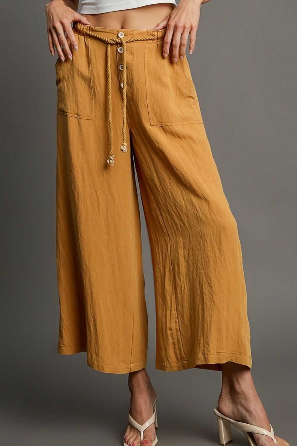 Umgee Wide Leg Pants Mustard Rope Drawstring High Waisted Pocketed 886fc75a-1e4d-4353-b290-47ede4f0a997-Max Trendsi