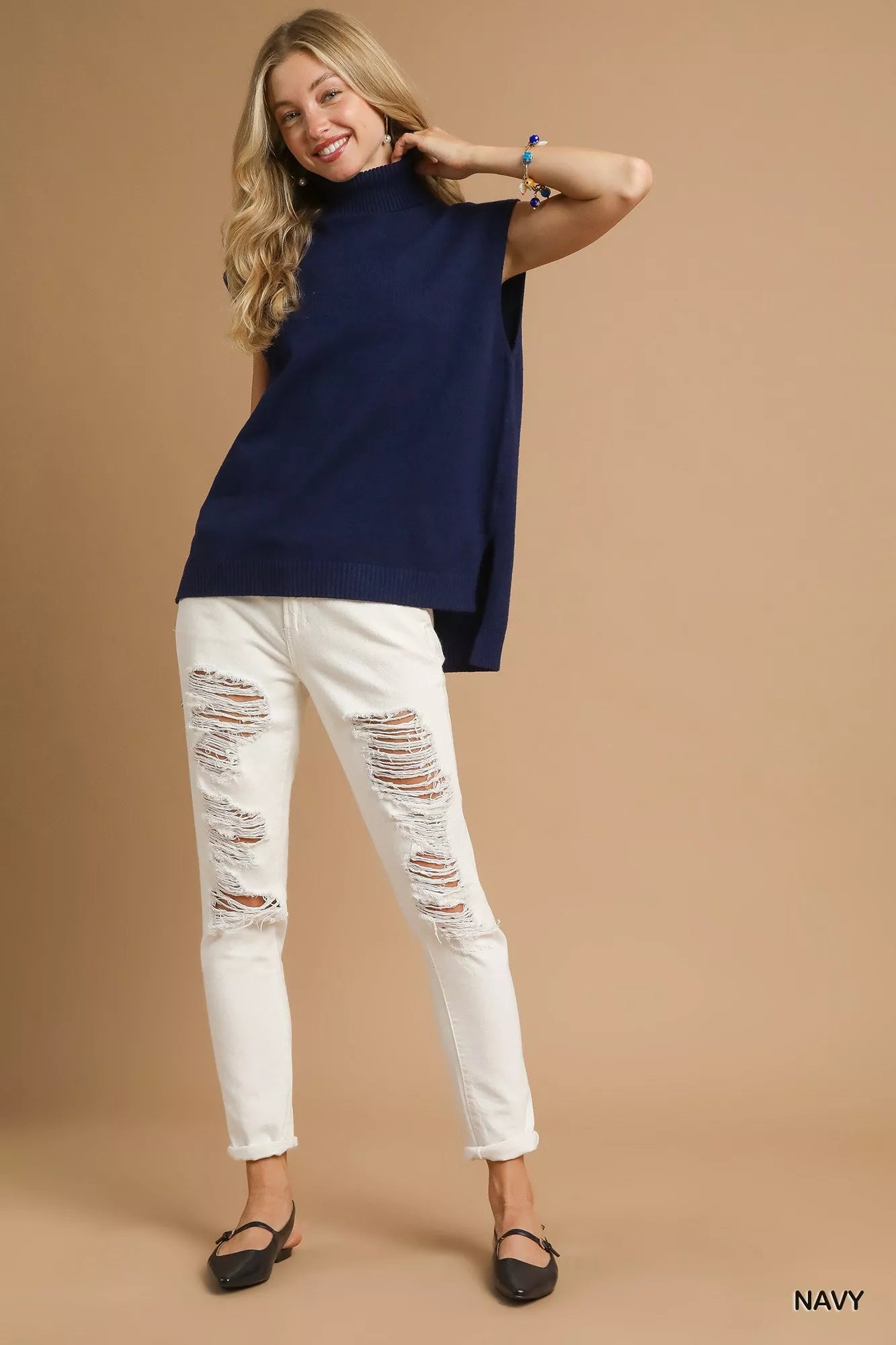 Umgee Women's Sweater Top Turtleneck Sleeveless High-Low Navy Ribbed 886fe13a-9e4d-47b2-8df9-ad11368ee477-Max-Origin Trendsi