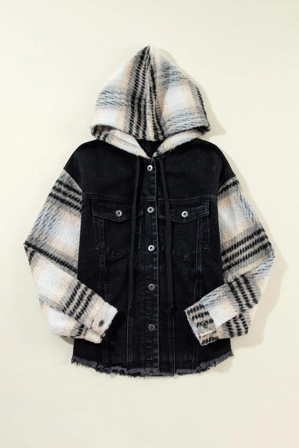 Denim Jacket Hooded Raw Hem Button Up with Knit Plaid Sleeves 8873290d-d94e-4a8e-9f89-ce68ac11dd64-Max Trendsi