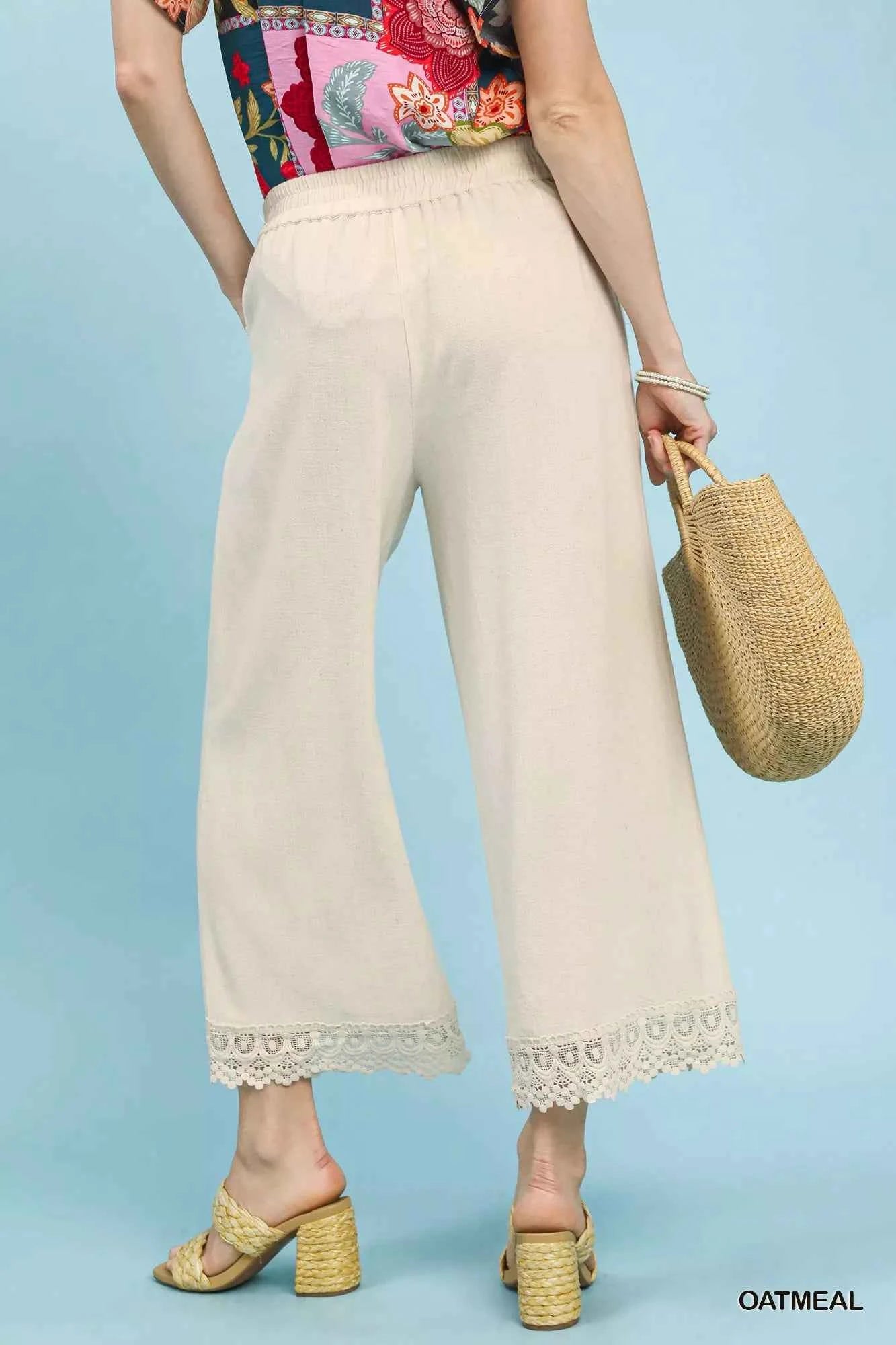 Umgee Linen Pants Beige Wide Leg Cropped with Lace Trim Elastic Waist 88785700-8b79-43c1-9299-2f5c7270d7d0-Max-Origin Trendsi