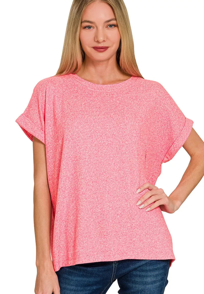 Zenana Soft Melange Hacci Short Sleeve Round Neck Top