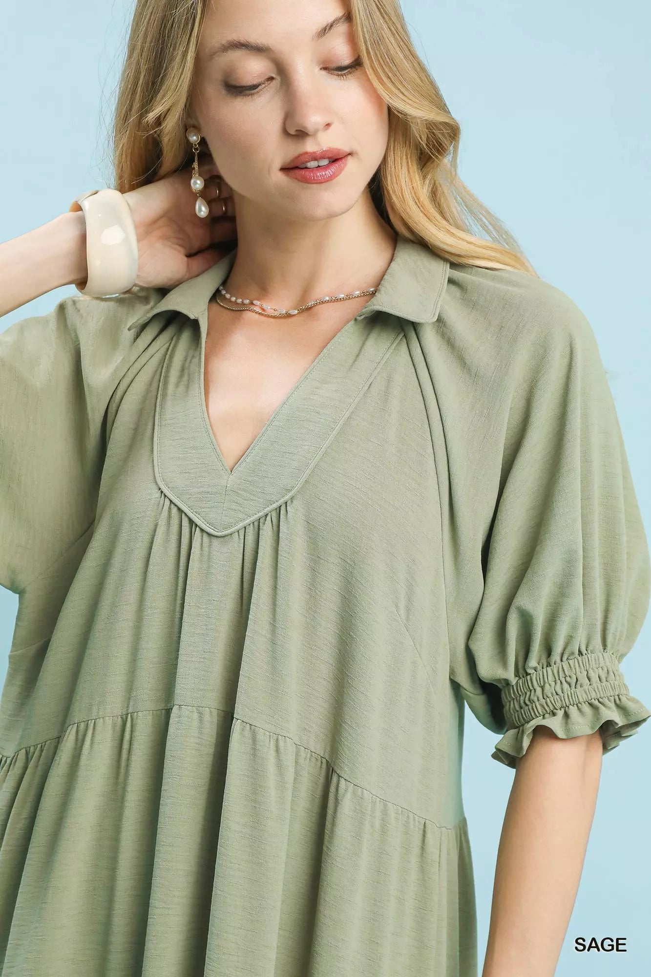 Umgee Midi Dress Tiered Solid Sage Green Ruffled Short Sleeve 888af834-63f6-4876-89ef-2bc68a2eed44-Max-Origin Trendsi