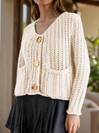 Buttoned Cardigan Women Front Pockets Single Breasted Beige 888b0279-8924-423c-9315-c69136ab0619-Max Trendsi