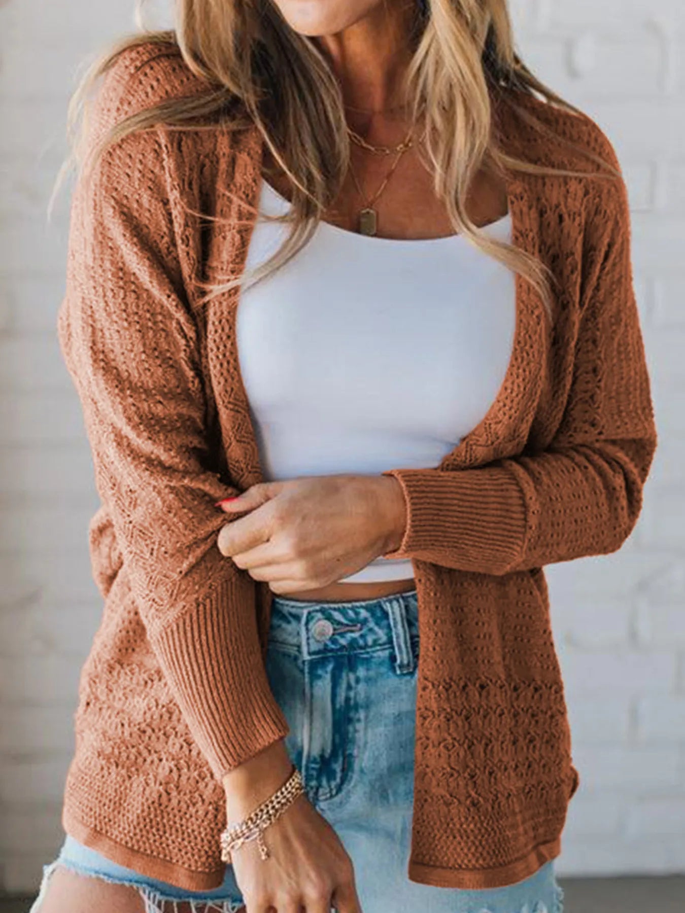 Women's Cardigan Open Front Knitted with Eyelet Details Long Sleeve Caramel 8892a4f7b317457e80f411b7048412d4-Max-Origin Trendsi