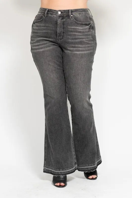 Judy Blue Gray Jeans Mid Rise Washed Release Hem Flare Tummy Control 8892f154-8b36-4854-b077-b40187068a18-Max-Origin Trendsi