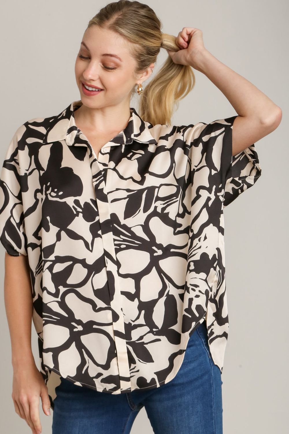 Umgee Shirt Black Two Tone Print Top with Hidden Button Plackets S-2XL 88963b8c-6367-44ff-9e99-1942b51b9917-Max Trendsi