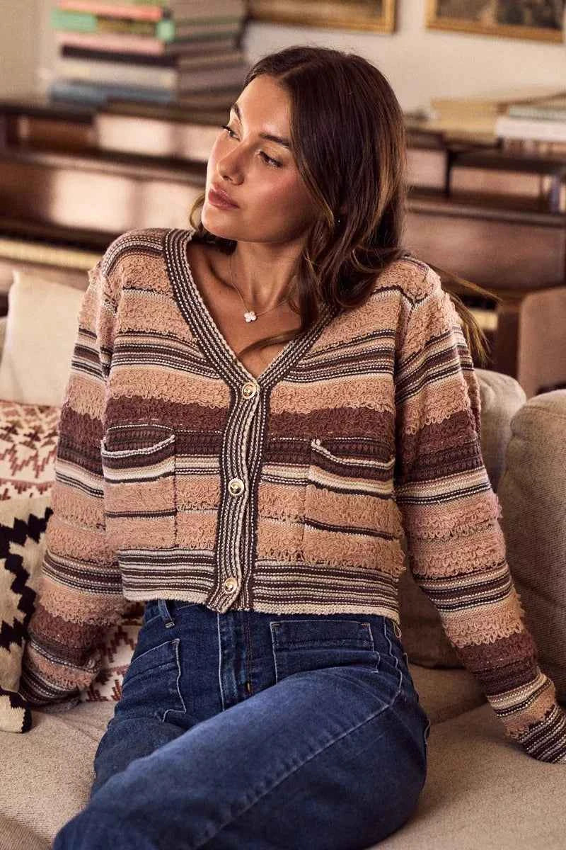 SO ME Women Cardigan Brown Textured Variegated Multi Color Sweater 889d955bc7d14a33a1560664f90639ab-Max-Origin Trendsi