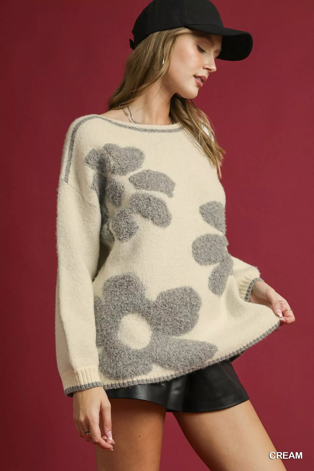 Umgee Floral Jacquard Sweater Cream Knit Applique Oversized Pullover 889e48d8-c3af-4d72-bd89-e137f1646c50-Max-Origin Trendsi