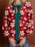 Contrast Tied Neck Shirred Puff Sleeve Floral Blouse