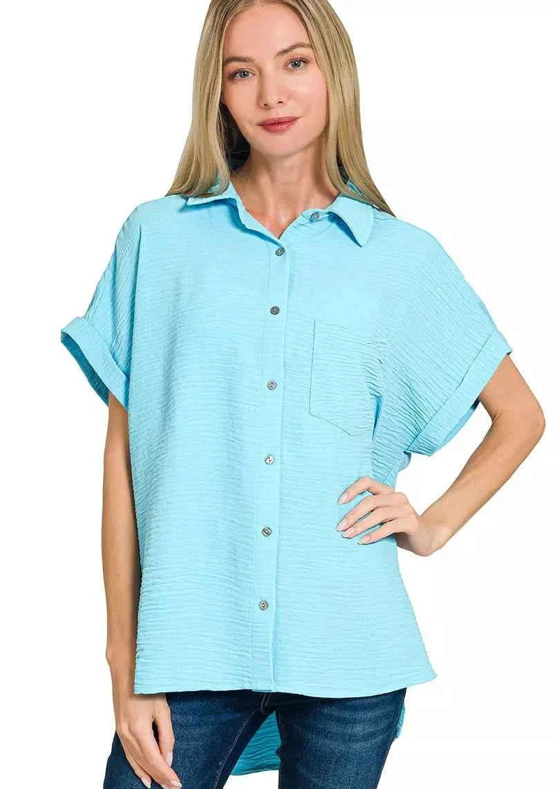 Zenana Women Shirt Woven Airflow Sky Blue Short Sleeve Top SKY BLUE 88c1057183994bccace3458a746cfbbf-Max-Origin Trendsi