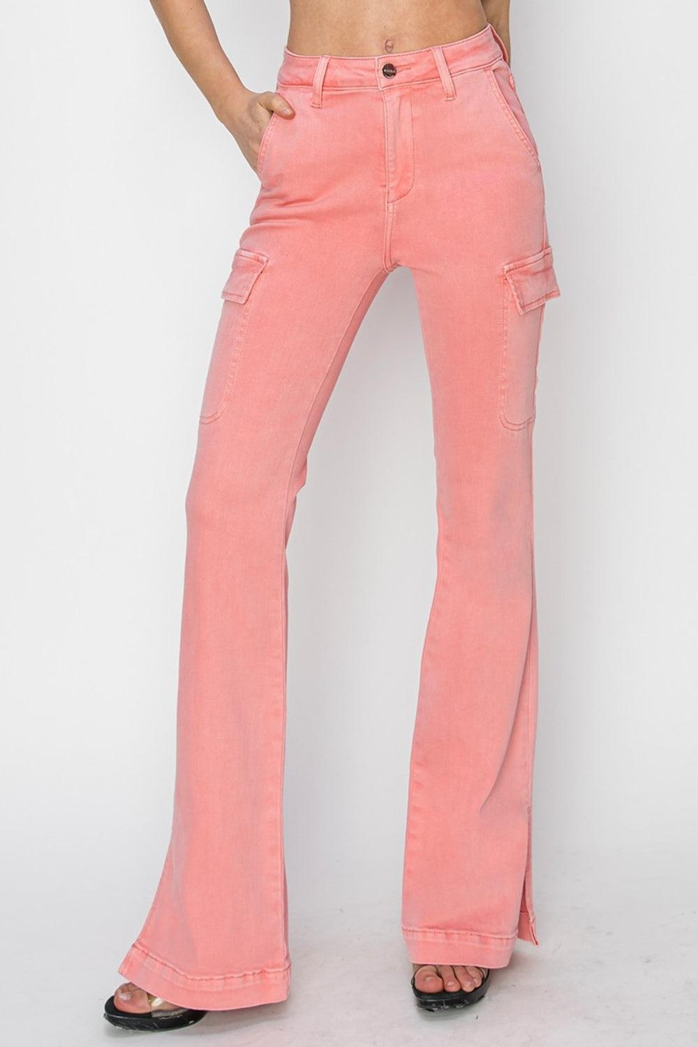 Cargo Bootcut Jeans Pink RISEN High Rise Side Slit Denim Pants Flamingo 88ca7452-c527-4770-99e5-f87990a2a19f-Max Trendsi