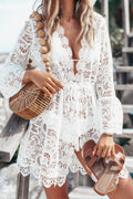 V-Neck Lace Cover-Up Dress Sheer Floral Long Sleeve Beach Summer Swimwear Cover White 88e0d68d-30a0-42fc-9984-f24960fa85f9-Max Trendsi