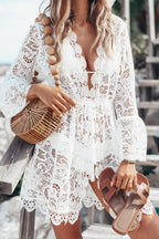 V-Neck Lace Cover-Up Dress Sheer Floral Long Sleeve Beach Summer Swimwear Cover White 88e0d68d-30a0-42fc-9984-f24960fa85f9-Max Trendsi