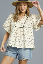 Umgee Blouse Bow Print Collared Cotton Cream Puff Short Sleeve Top 88e0dc8d-6769-4f98-a097-c99dd9ec95a3-Max-Origin Trendsi