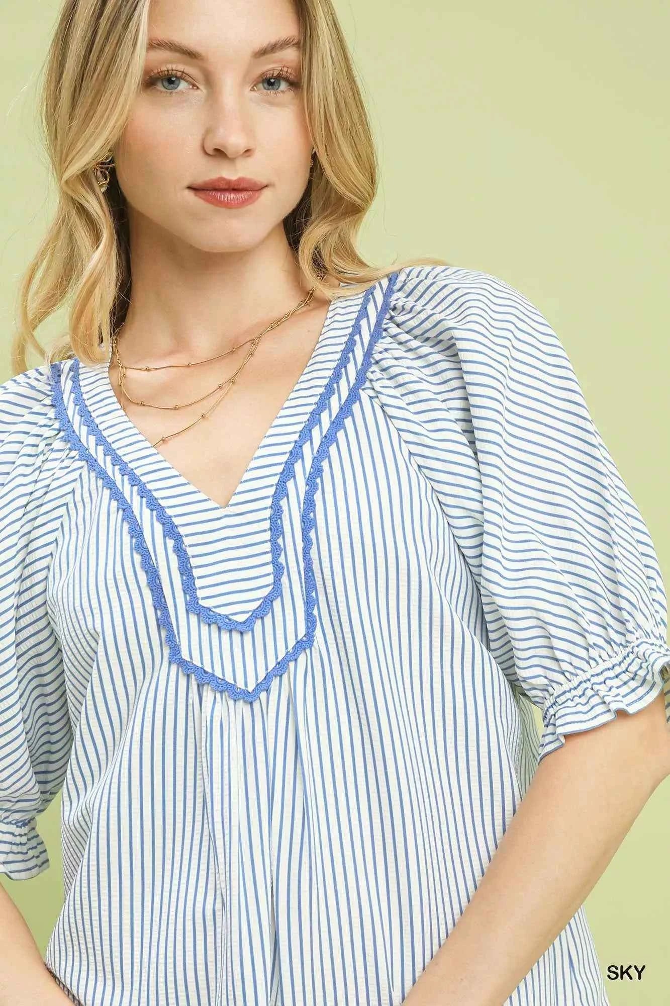 Umgee Blouse Sky Blue Stripe V-Neck Ruffled Short Sleeve Top 88e216f3-60a2-4a9e-a298-68e336e298f1-Max-Origin Trendsi
