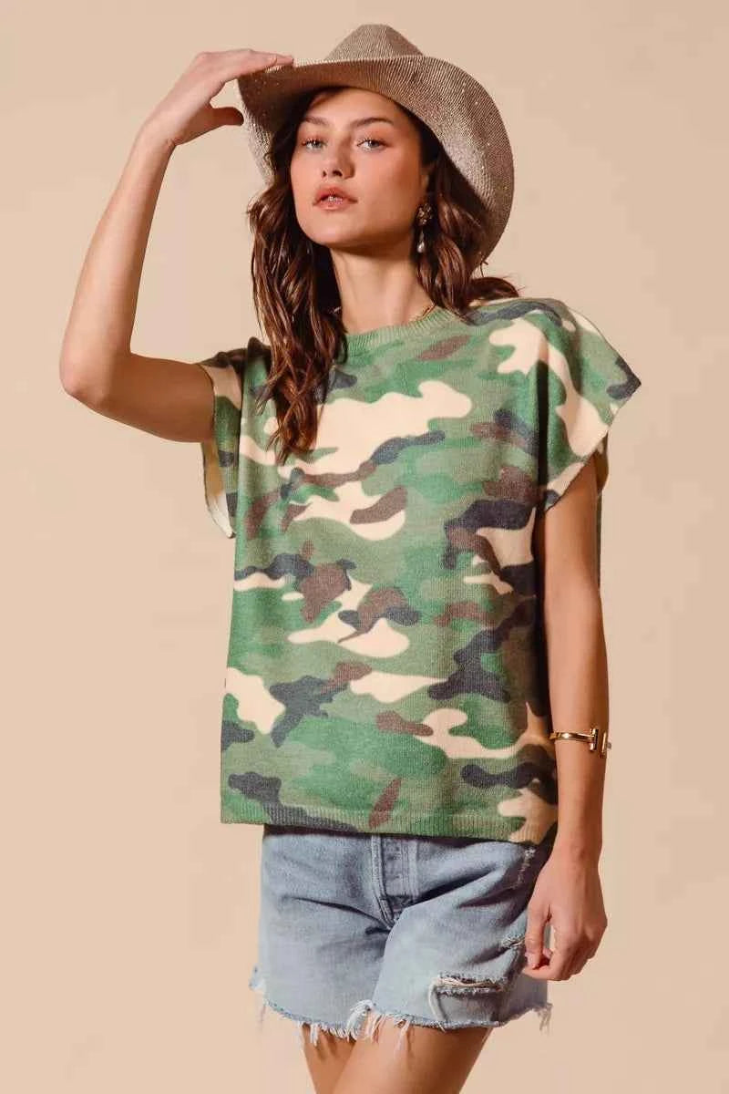 SO ME Camouflage Print T-shirt Dolman Soft Sweater Short Sleeve Top 88e5763c59bd43fb837b4fc6f9b22809-Max-Origin Trendsi