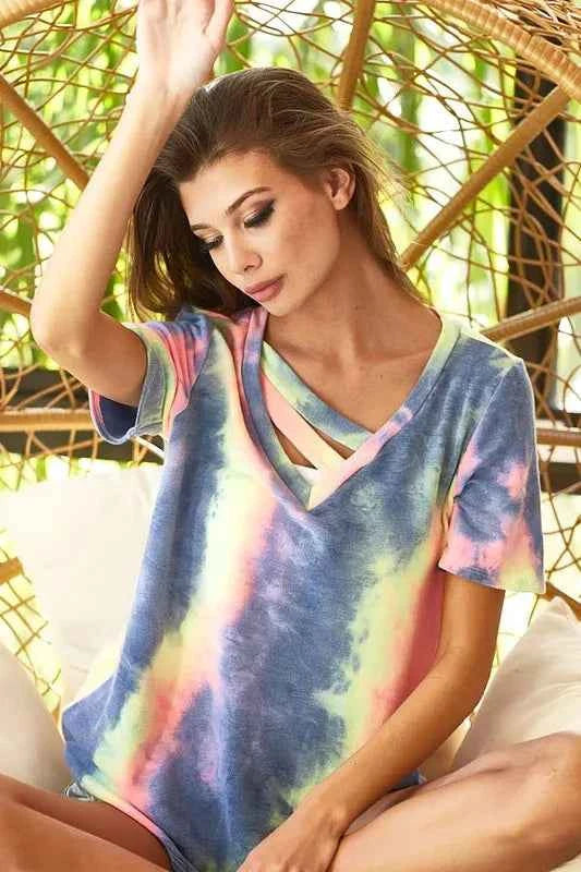 BiBi Tie Dye Women T-shirt Terry V Neck Top With Double Strap Top 88f382c18fdf4e339c6360a5c5765936-Max-Origin Trendsi