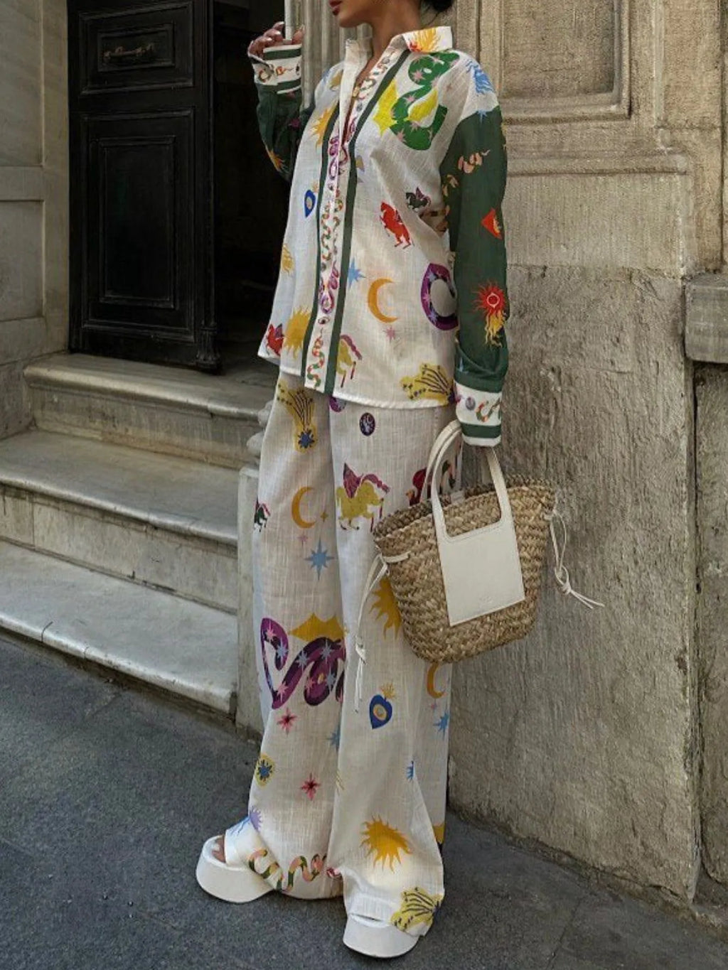 Women's Outfit Set Button Up Shirt and Wide Leg Pants White Summer Print 2 Pcs 88f78118-fe2d-4260-80e0-7b6f75d15570-Max-Origin Trendsi