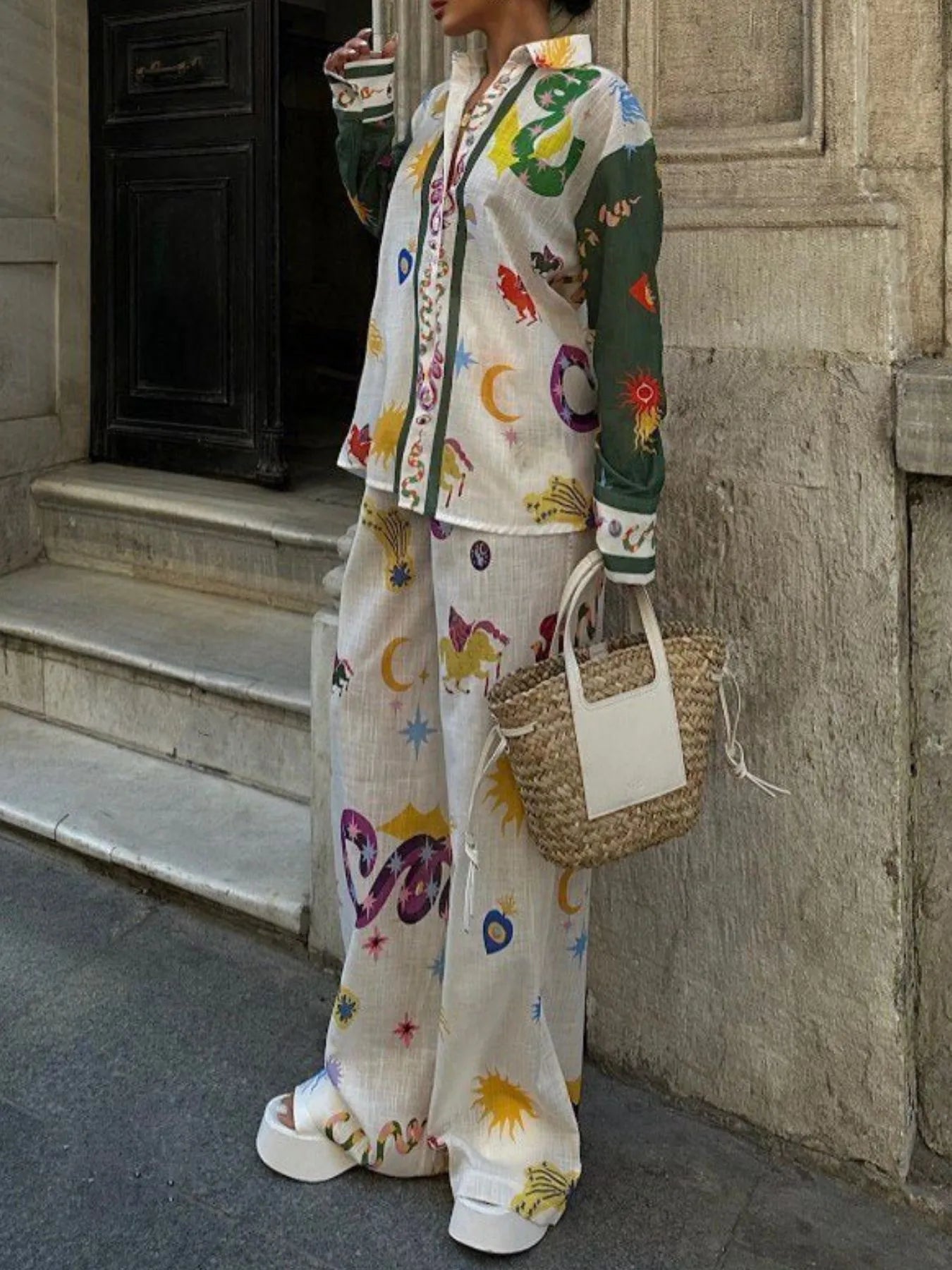 Women's Outfit Set Button Up Shirt and Wide Leg Pants White Summer Print 2 Pcs 88f78118-fe2d-4260-80e0-7b6f75d15570-Max-Origin Trendsi