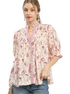 Umgee Mixed Print Button-Front Top with Smocked Yoke and Puff Sleeves