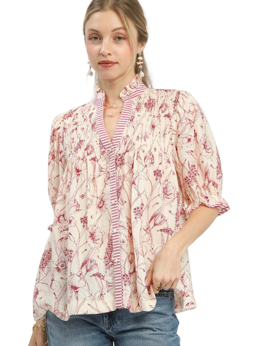 Umgee Mixed Print Button-Front Top with Smocked Yoke and Puff Sleeves