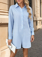 Women's Romper Light Blue Striped Button Front Long Sleeve Jumpsuit 89064cd442fd4e8cbdcc7d6d7d66def1-Max-Origin Trendsi