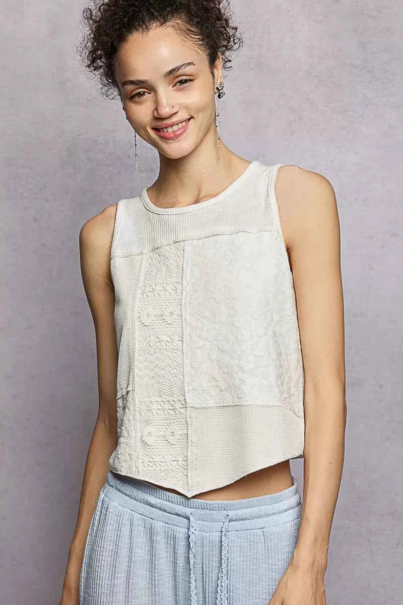 POL Ribbed Round Neck Cropped Tank with Lace Detail