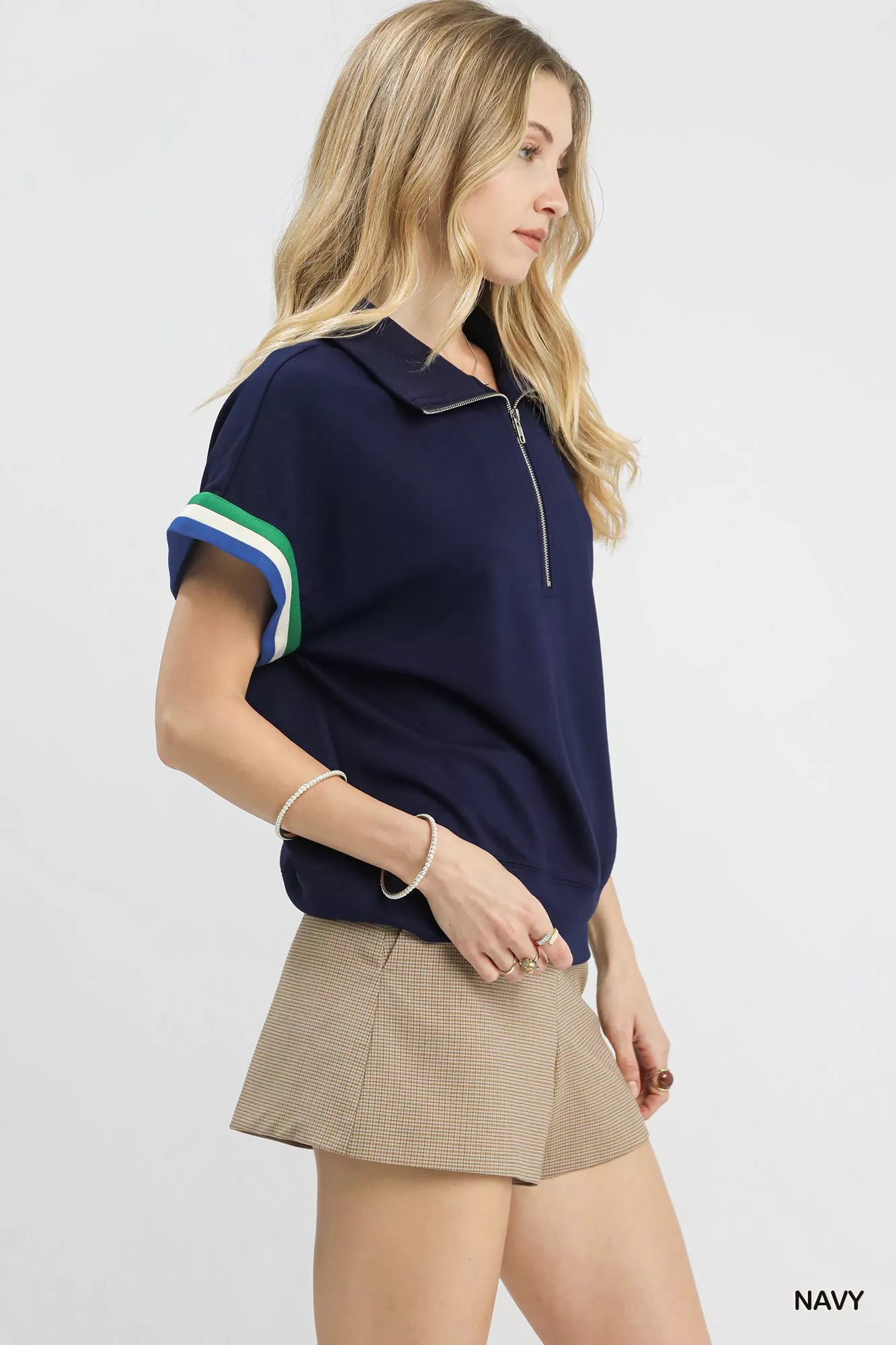 Umgee Blouse Zip Front Casual Top Navy Blue with Contrast Stripe Trim 8919dbbb-4994-4de2-a753-ef857802330c-Max-Origin Trendsi