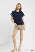 Umgee Blouse Zip Front Casual Top Navy Blue with Contrast Stripe Trim 891cfec0-0365-4acd-a371-c5b13200a177-Max-Origin Trendsi