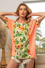 BiBi Floral T-shirt Orange W Stripe Color Block Dolman Sleeves Top 8922e383d55e4fddbad37b305a9fe17c-Max-Origin Trendsi