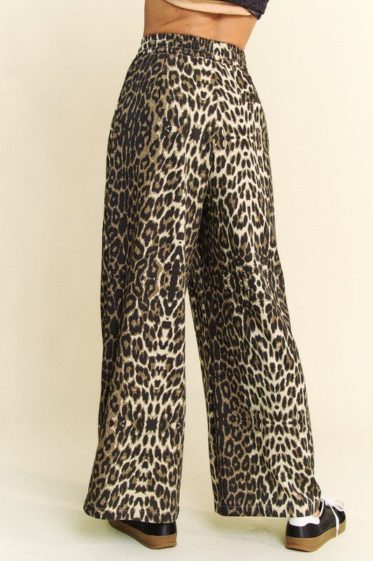 Davi & Dani USA Women Pants Leopard Wide Leg Elastic Waist Tied Pocketed