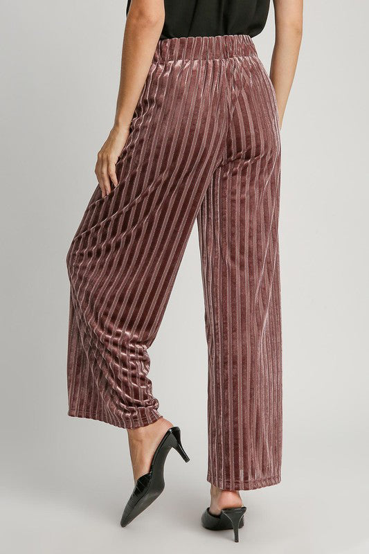 Umgee USA Women Velvet Metallic Pants Elastic Waist Striped Wide Leg