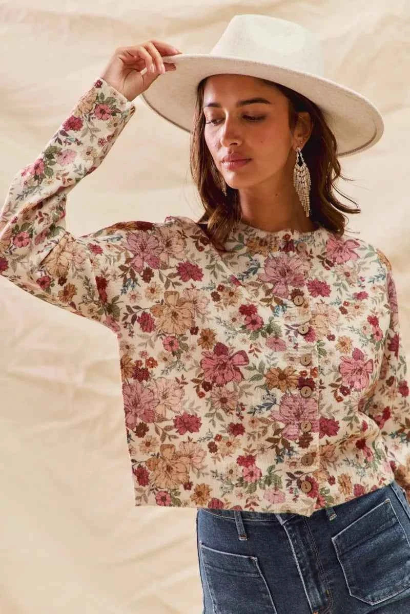 SO ME Floral Print Button Front Sweater Cardigan