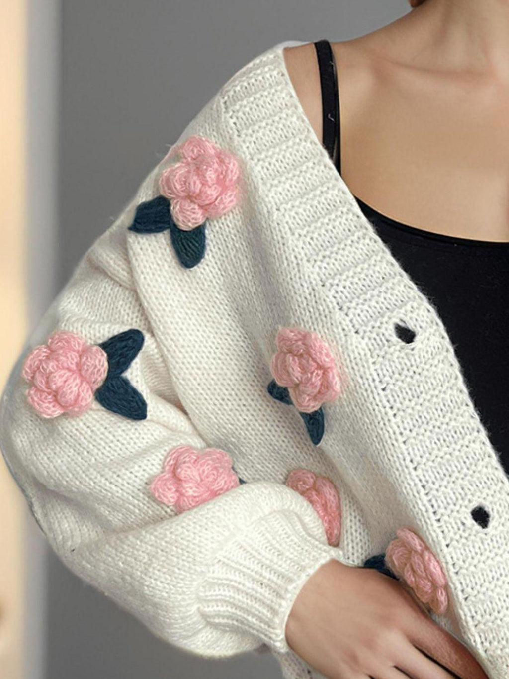 Cardigan Flower Button Down V-Neck Long Sleeve Knitwear 89319e11-a691-4a90-883e-08bcda635b7e-Max Trendsi