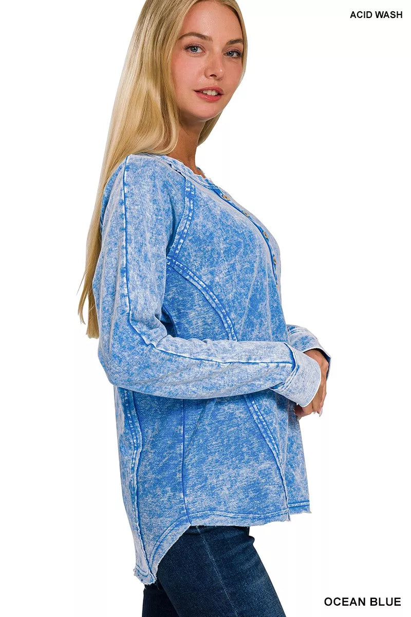 Zenana Womens T-shirt Ocean Blue Washed French Terry Half Button Top 89359245a1b94b4db158fd7674dc43f7-Max-Origin Trendsi