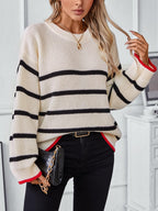 Striped Sweater Round Neck Dropped Shoulder Bell Long Sleeve 894e87fb-0915-439b-a1c2-9fa31764427c-Max Trendsi