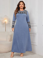 Honey Plus Size Printed Long Sleeve Dress with Round Neck
