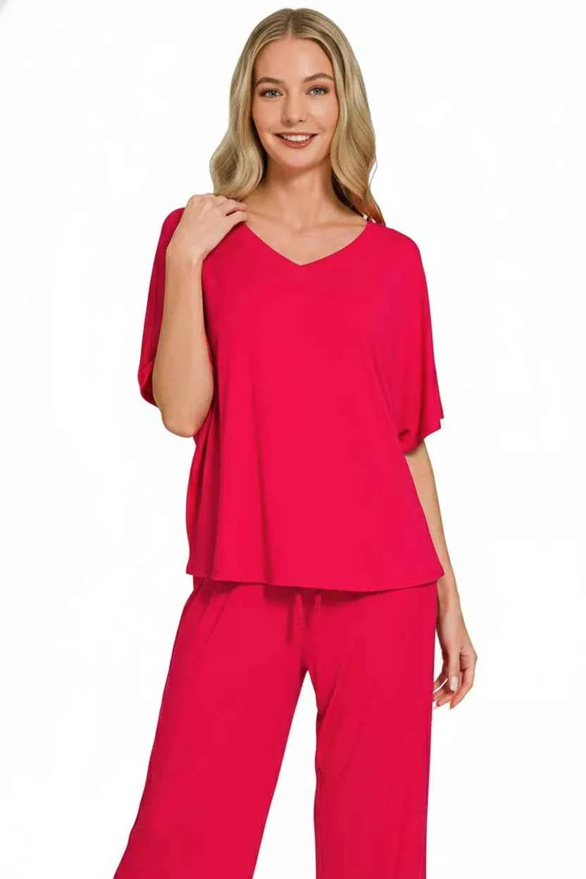 Zenana V-Neck Oversized Top & Pants Set – Women’s Two-Piece Lounge Outfit