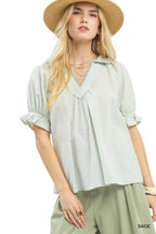 Umgee Pinstripe V-Neck Blouse with Ruffle Sleeves