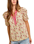 BiBi Floral Gather Sleeves Contrast Neckband Blouse Top
