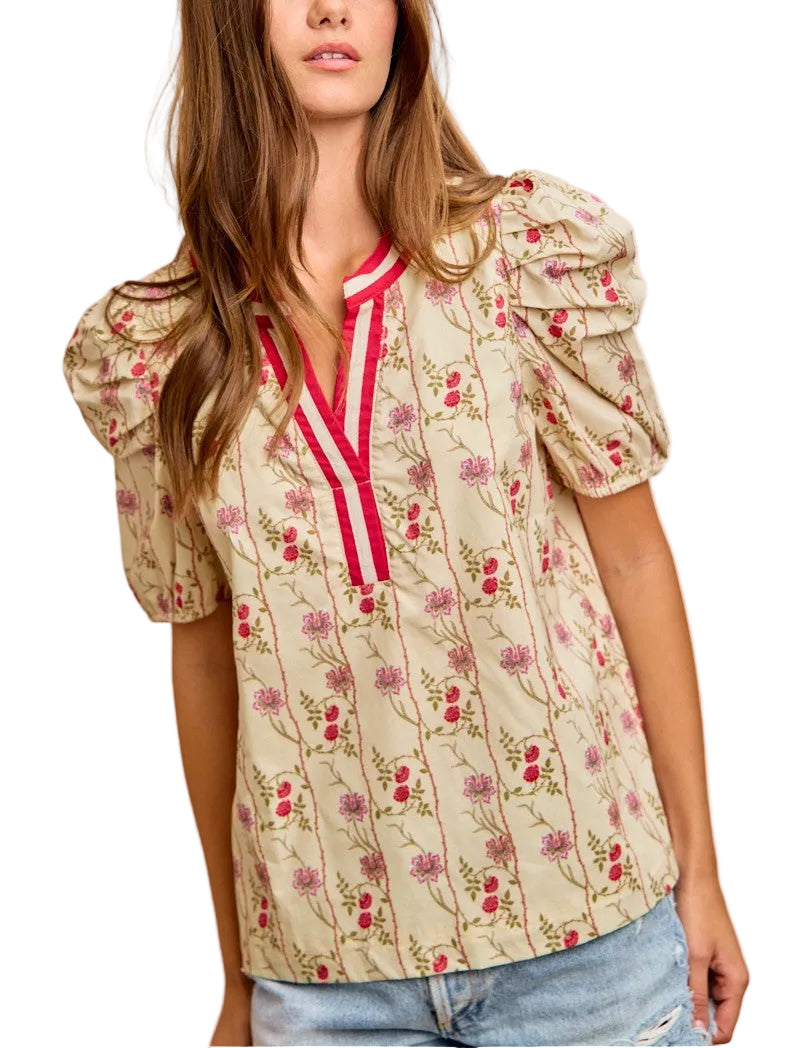 BiBi Floral Gather Sleeves Contrast Neckband Blouse Top