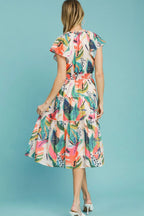 Umgee Midi Dress Orange Leaf Mix Print Cap Short Sleeve Tiered High Waist 896878c7-5f85-40be-8a09-076a290db147-Max Trendsi