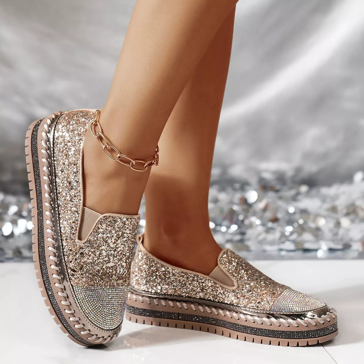 Rhinestone Sequin Round Toe Platform Loafers Gold 8969b041-2935-438c-bcad-b92fbfa4218d-Max-Origin Trendsi