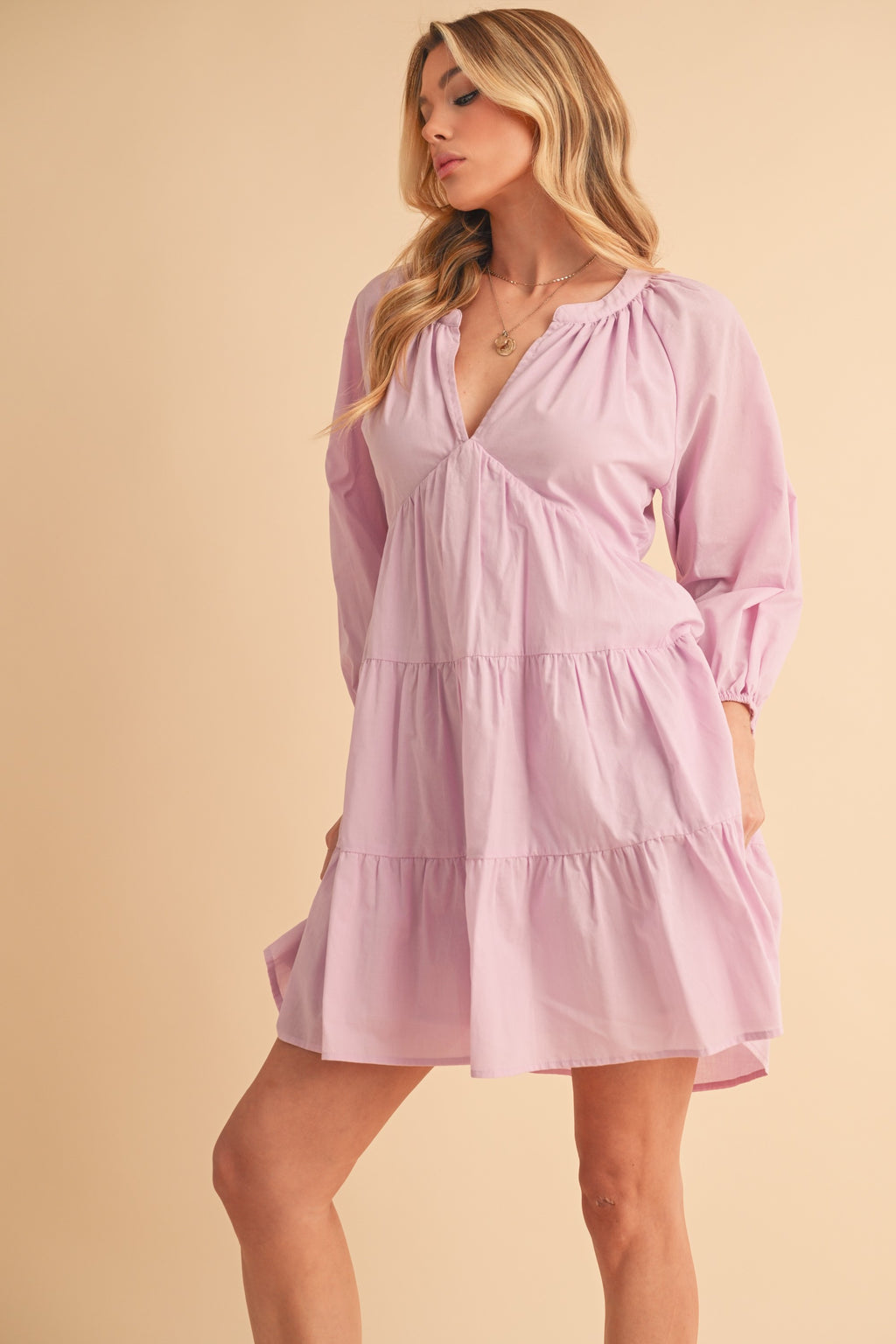 Aemi + Co Mini Dress Cotton Notched Balloon 3/4 Sleeve Lilac Ruffle Tiered 896cb2f7-6509-4483-b11e-325760d98b69-Max Trendsi