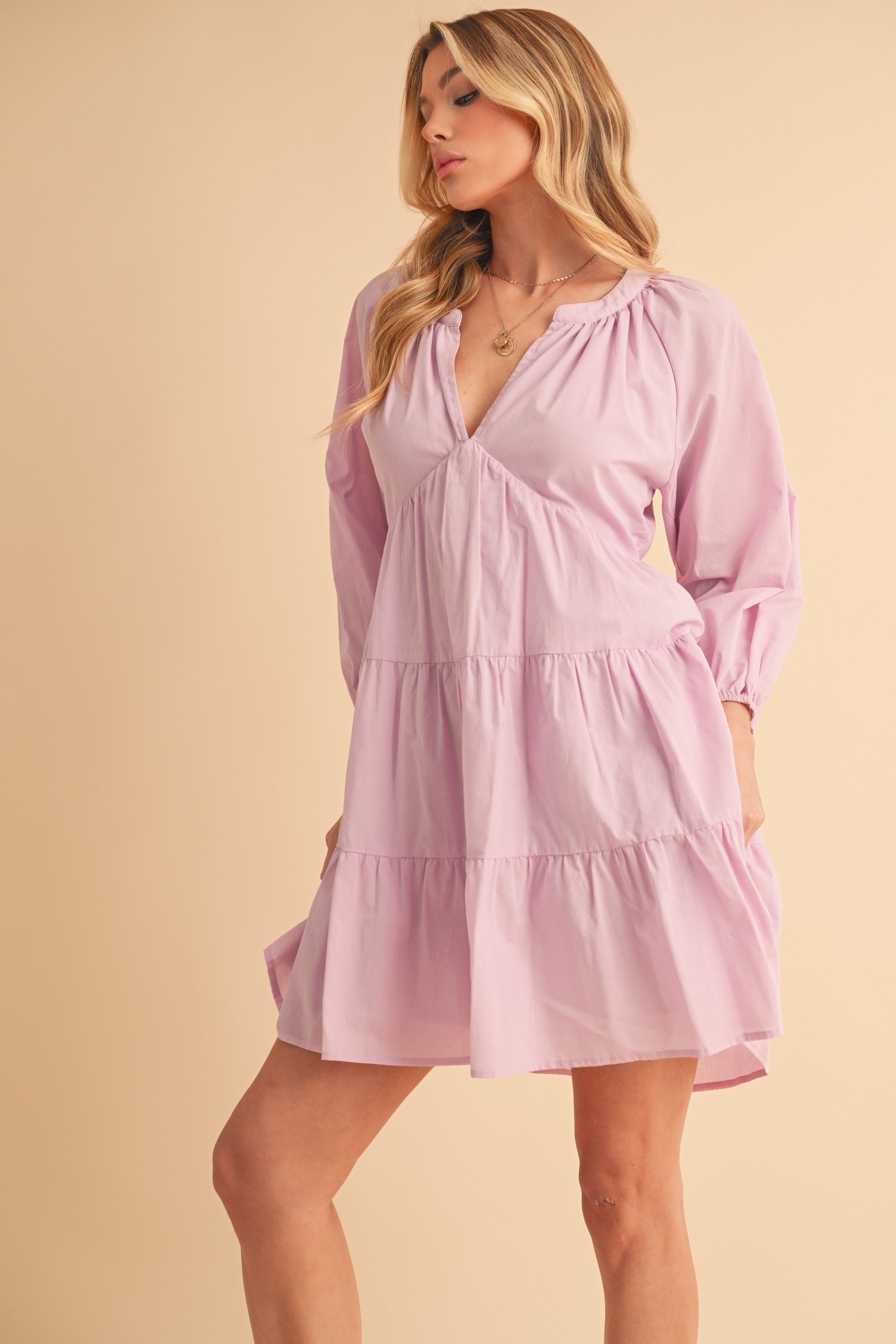 Aemi + Co Mini Dress Cotton Notched Balloon 3/4 Sleeve Lilac Ruffle Tiered 896cb2f7-6509-4483-b11e-325760d98b69-Max Trendsi