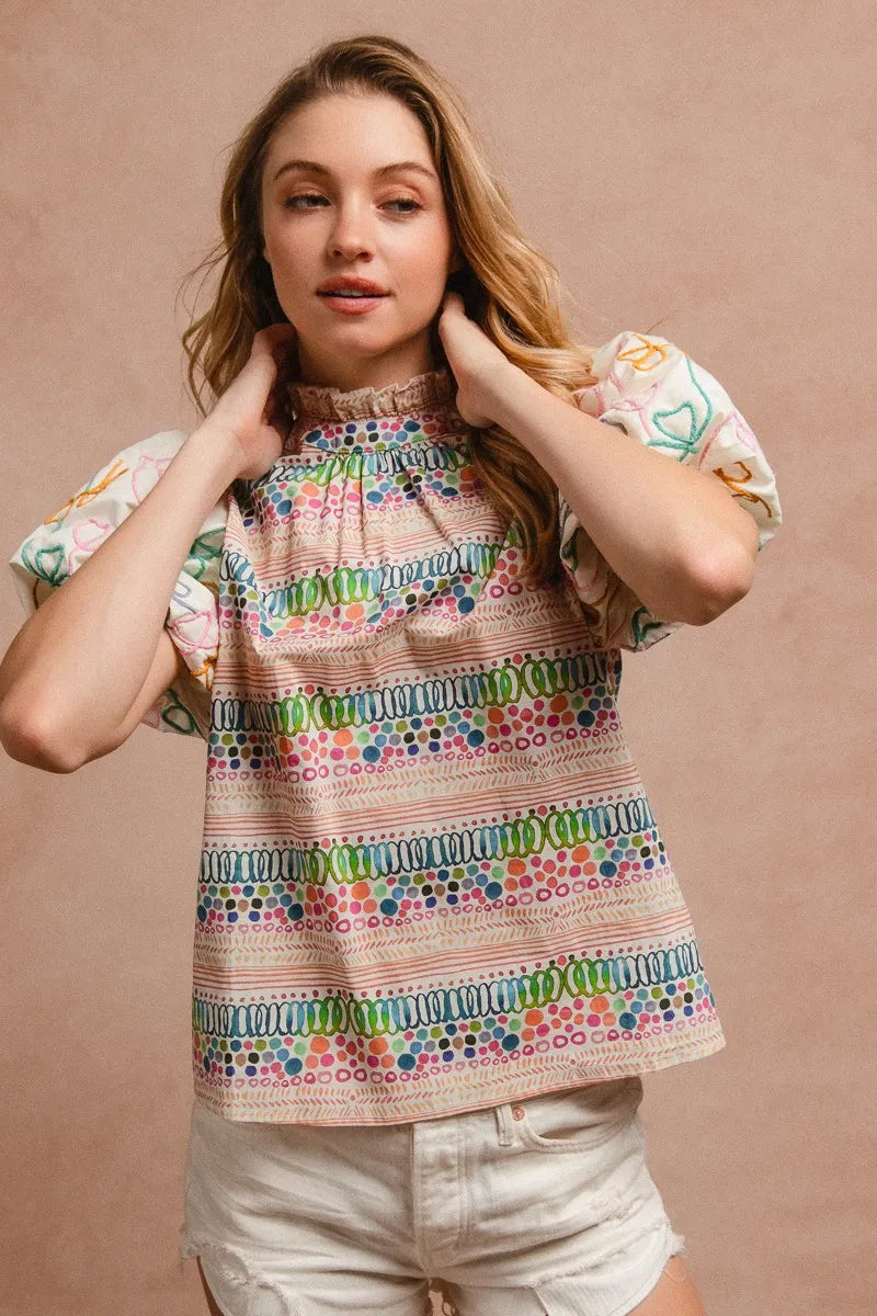 BiBi Blouse Multicolor Ruffle Neckline With Embroidery Bubble Short Sleeve Top 8974b13d683b45299682c2b67e111b4e-Max-Origin Trendsi
