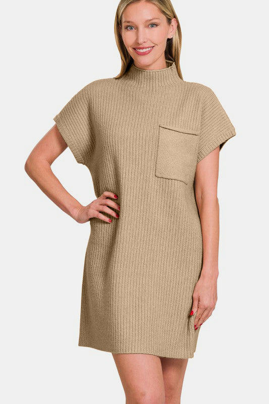 Zenana Sweater Mini Dress Knit Short Sleeve Camel High Neck Patch Pocket Camel 8974c01b-4994-4970-8b38-4e1a14b3a3c9-Max Trendsi